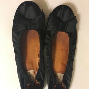 LANVIN Black Satin Flats w/Bow 40/Fits 38.5